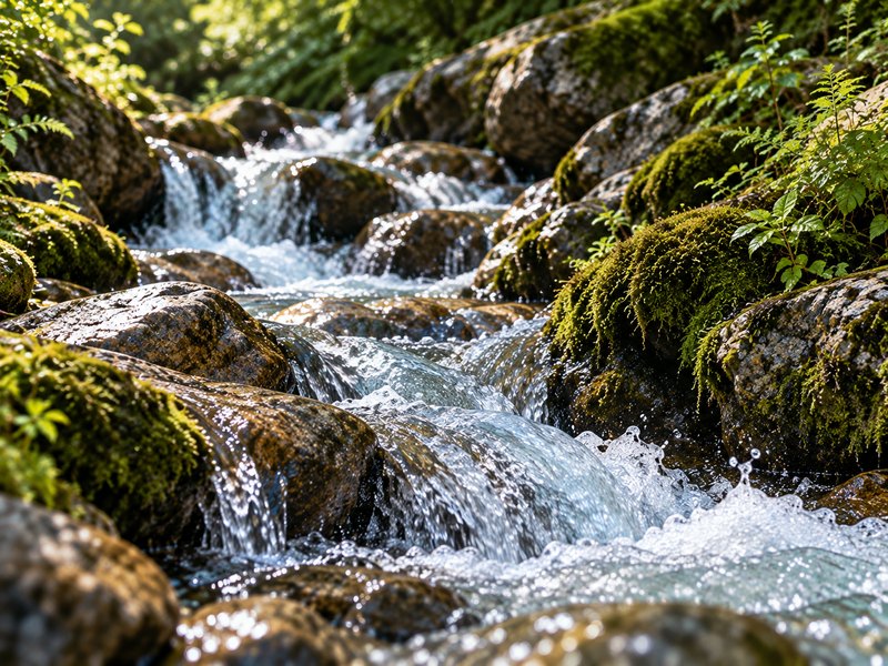 Clear mountain stream running over mineral-bearing rock