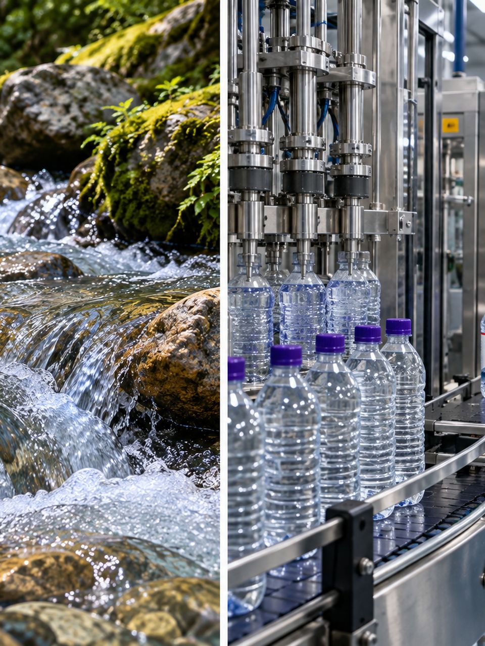Automated mineral water bottling line inside the First Thirst plant