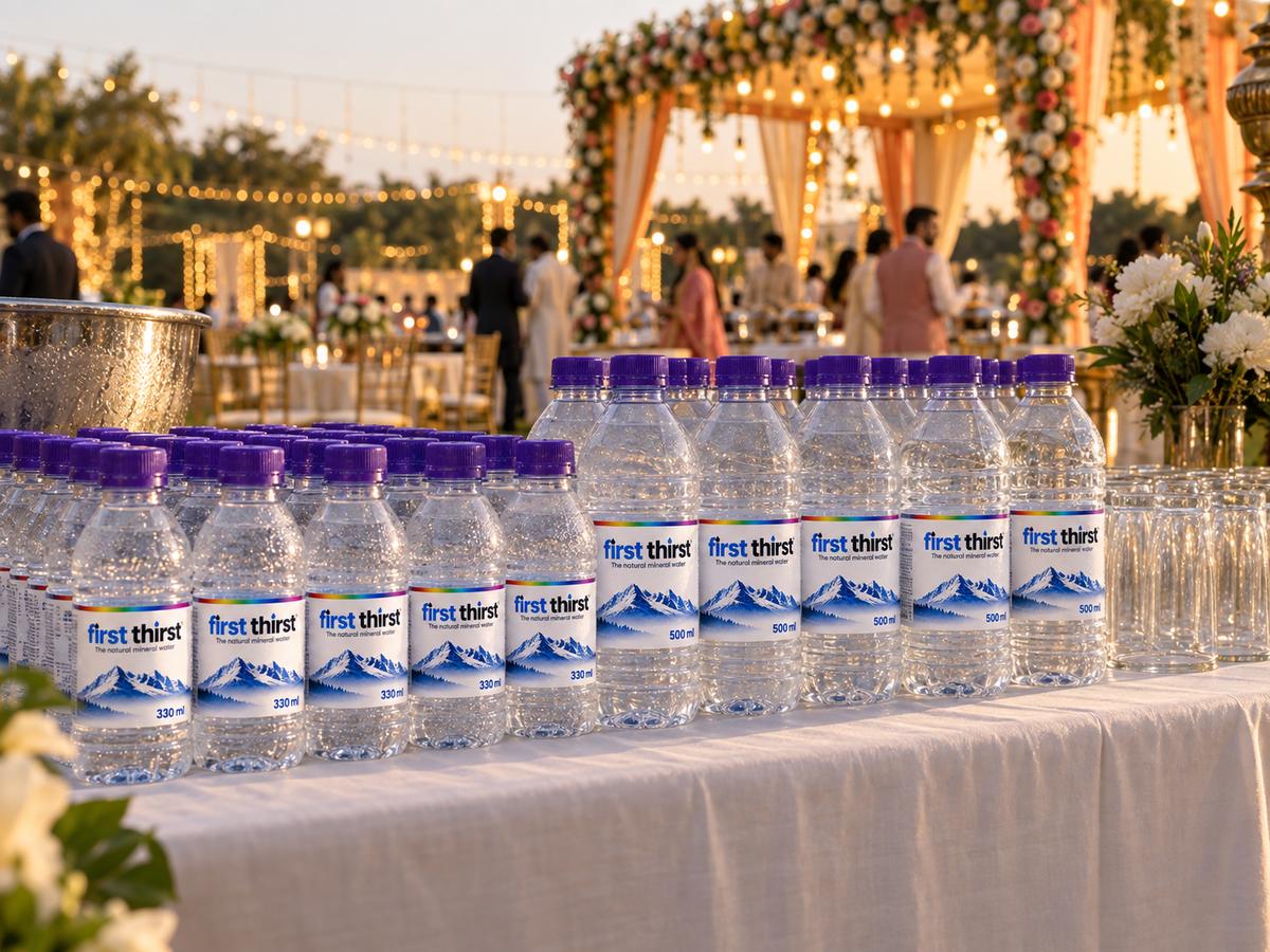 Chilled First Thirst bottles laid out on a table at a wedding reception