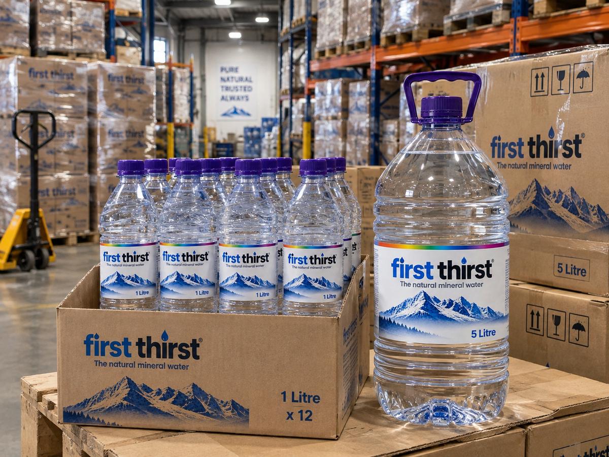 An open carton of First Thirst 1 litre mineral water bottles in a distribution warehouse